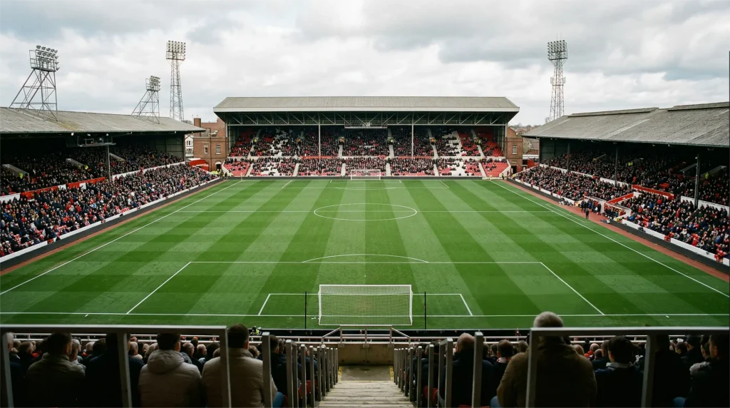 Campo de fútbol de la Premier League con césped perfectamente cortado visto desde la grada principal del estadio
