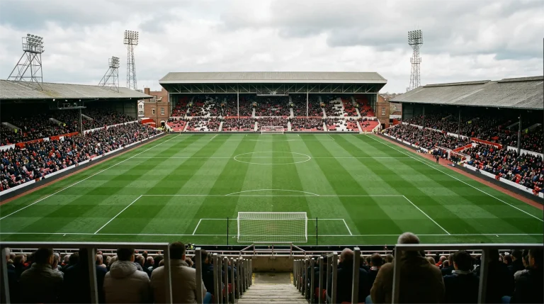 Campo de fútbol de la Premier League con césped perfectamente cortado visto desde la grada principal del estadio
