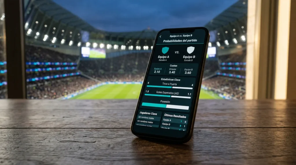 Pantalla de smartphone mostrando cuotas de apuestas de fútbol con un estadio de la Premier League iluminado de fondo
