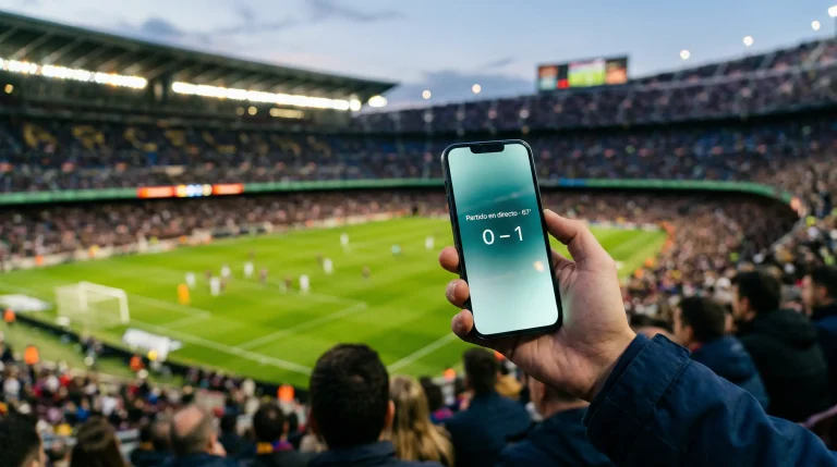 Mano sosteniendo un smartphone con la pantalla encendida en un estadio de fútbol durante un partido en directo