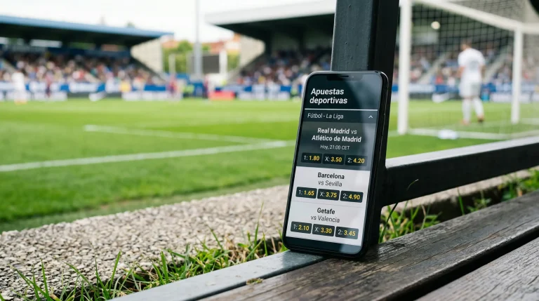 Smartphone mostrando una pantalla de apuestas deportivas junto a un campo de fútbol profesional con césped verde