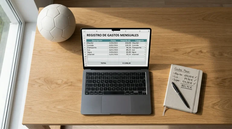 Pantalla de ordenador portátil mostrando números decimales y porcentajes junto a un balón de fútbol sobre un escritorio