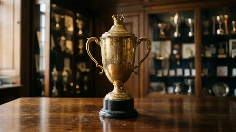 Trofeo dorado de la Premier League sobre un podio en un estadio de fútbol iluminado con tonos sky blue