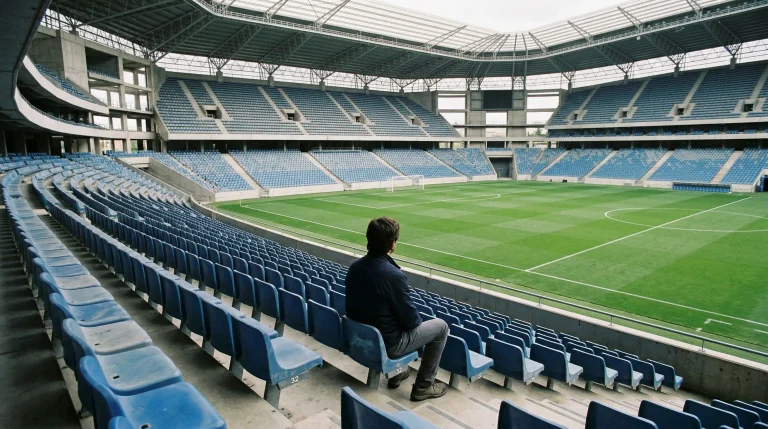 Persona sentada en una grada vacía de estadio de fútbol contemplando el campo verde bajo luz natural