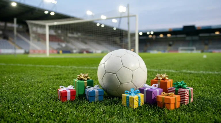 Smartphone mostrando un partido de fútbol en directo junto a un estadio iluminado de noche
