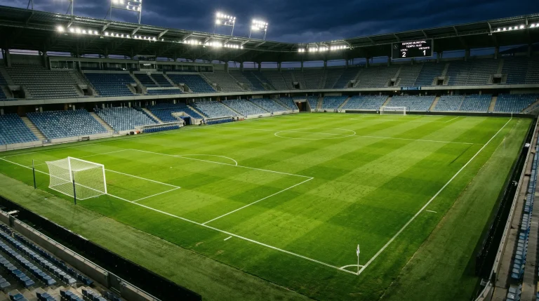 Dos porterías de fútbol enfrentadas en un campo de la Premier League con redes visibles y césped verde bajo focos nocturnos