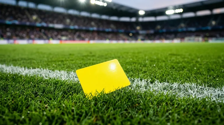 Tarjeta amarilla de árbitro sobre césped verde de un campo de fútbol profesional con líneas blancas visibles