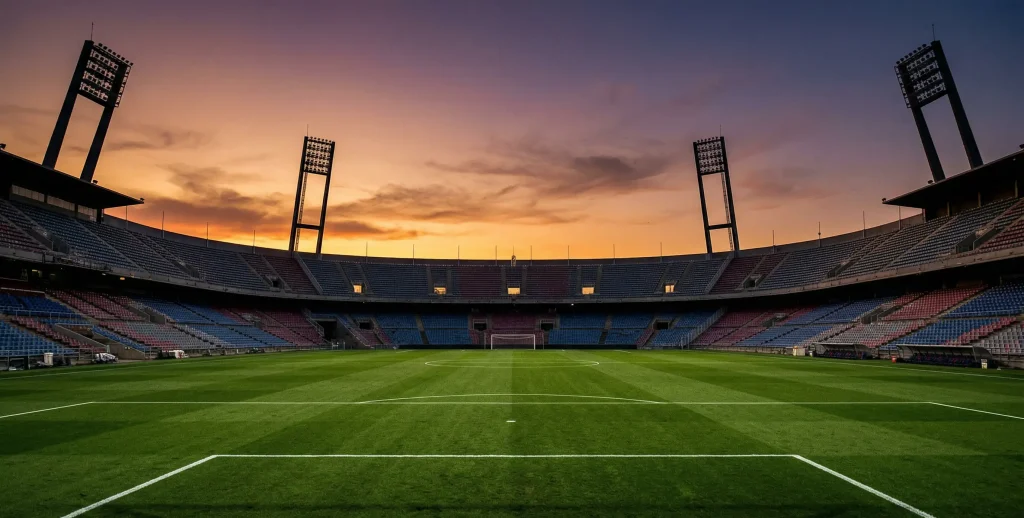 Estadio de fútbol con césped verde y gradas vacías al atardecer, reflejando el balance de una temporada
