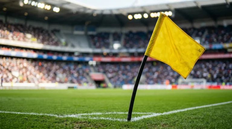 Banderín de córner en la esquina de un campo de fútbol profesional con césped verde y líneas blancas bajo focos de estadio