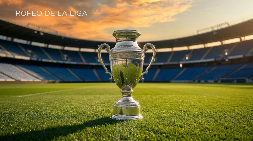Trofeo de la Premier League sobre césped de estadio de fútbol con gradas vacías al atardecer