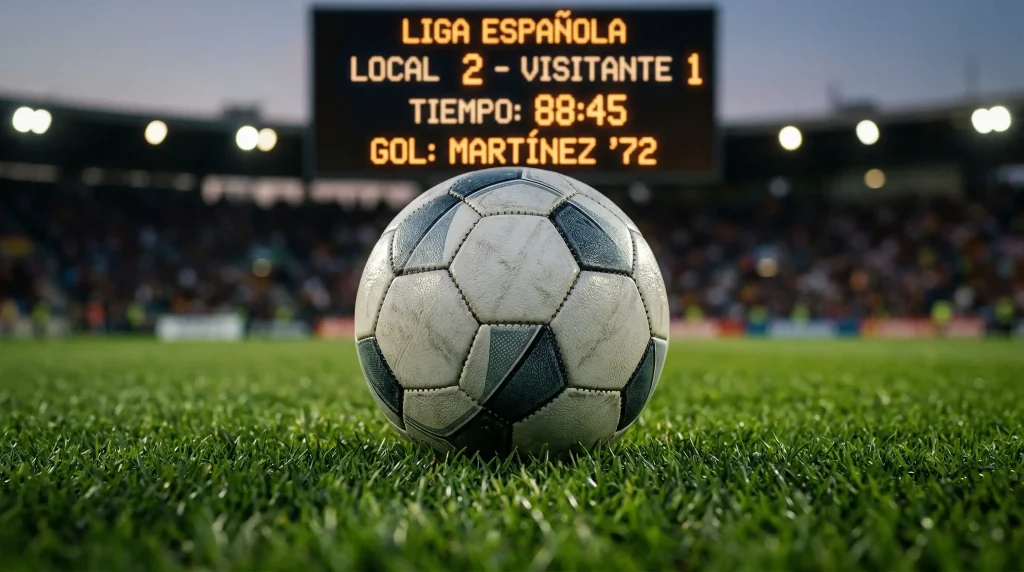 Balón de fútbol de la Premier League sobre césped de estadio con marcador electrónico iluminado al fondo
