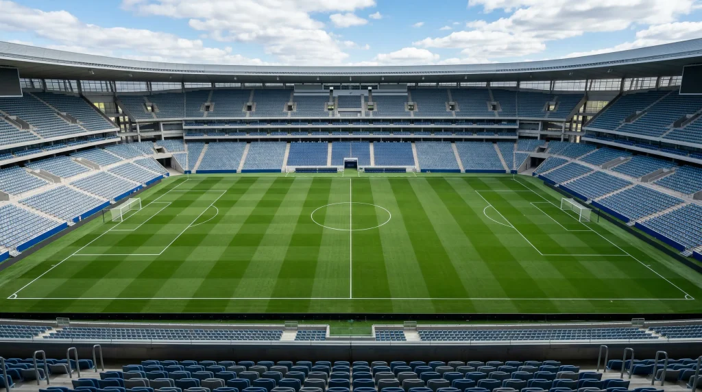 Campo de fútbol profesional visto desde las gradas con líneas de marcación blancas destacadas sobre césped verde en un estadio moderno