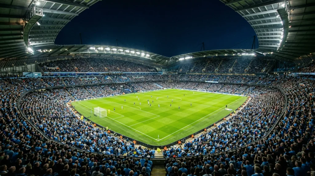 Vista panorámica del Etihad Stadium lleno de aficionados con camisetas sky blue durante un partido nocturno de fútbol
