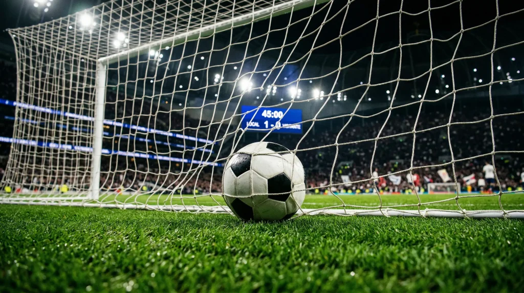 Balón de fútbol junto a una red de portería con marcador electrónico en un estadio de la Premier League durante un partido nocturno