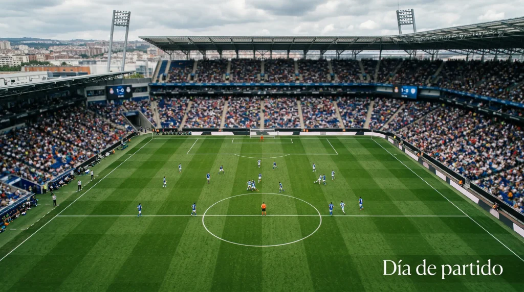 Campo de fútbol de la Premier League con césped verde y círculo central visto desde una posición elevada en un estadio lleno