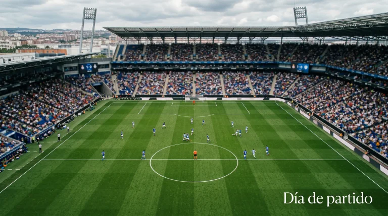 Campo de fútbol de la Premier League con césped verde y círculo central visto desde una posición elevada en un estadio lleno
