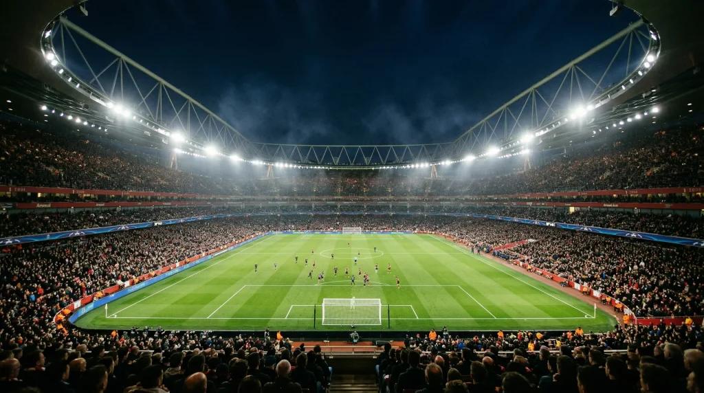 Estadio de fútbol europeo iluminado de noche para un partido de Champions League con focos brillantes y césped verde