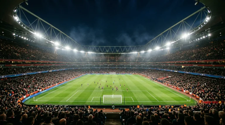 Estadio de fútbol europeo iluminado de noche para un partido de Champions League con focos brillantes y césped verde