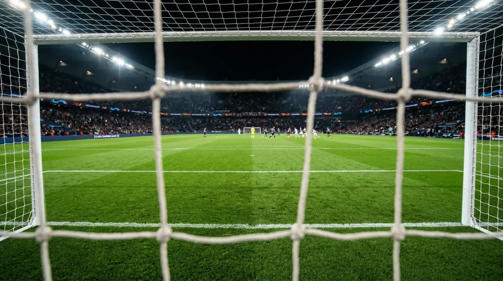 Portería de fútbol vista desde dentro de la red con campo de césped verde y marcas del área en un estadio profesional