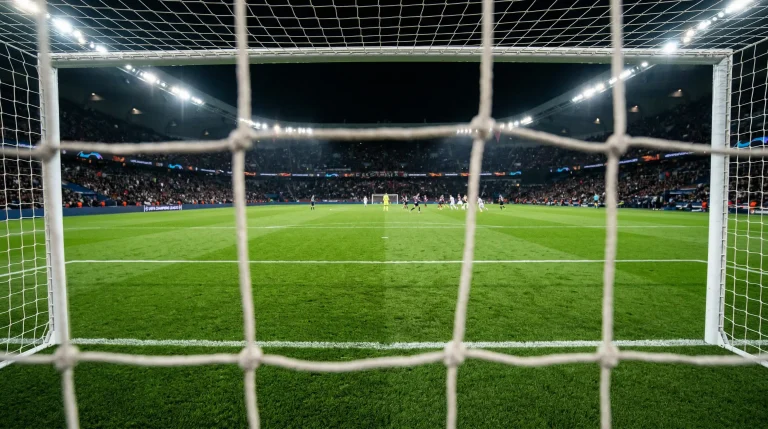 Portería de fútbol vista desde dentro de la red con campo de césped verde y marcas del área en un estadio profesional