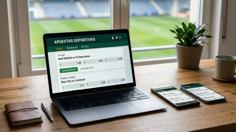 Varios dispositivos móviles y un portátil sobre una mesa mostrando pantallas de apuestas deportivas con un campo de fútbol de fondo