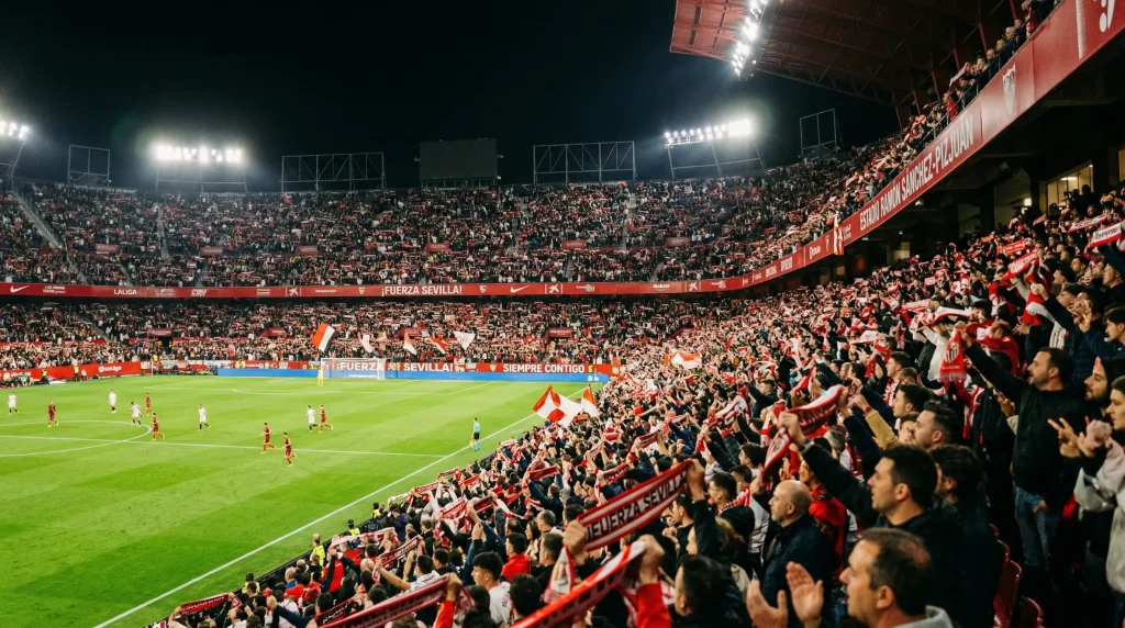 Panorámica de un estadio de fútbol español lleno de aficionados durante un partido nocturno de liga