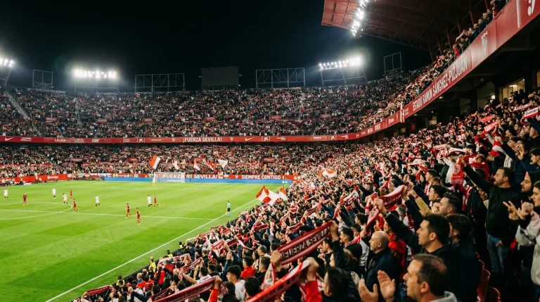 Panorámica de un estadio de fútbol español lleno de aficionados durante un partido nocturno de liga