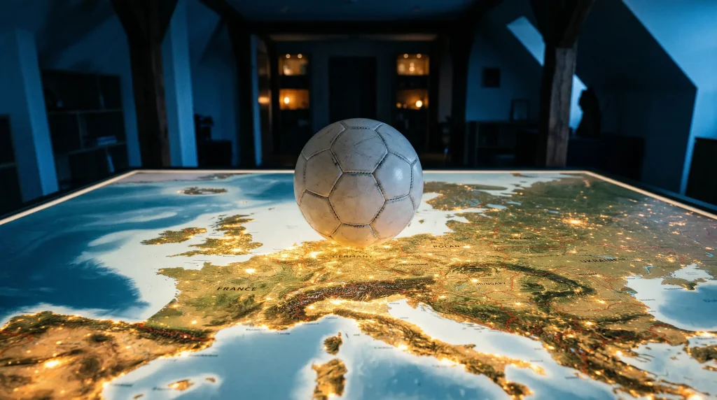 Mapa mundial iluminado con conexiones digitales y un balón de fútbol en primer plano sobre fondo oscuro