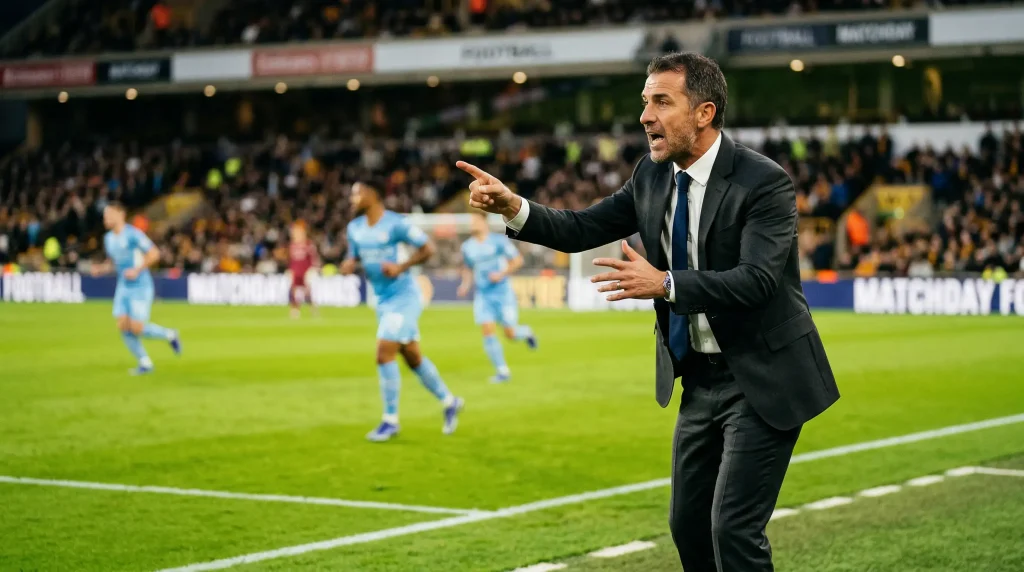 Entrenador de fútbol dando instrucciones tácticas desde la banda de un estadio de la Premier League durante un partido nocturno