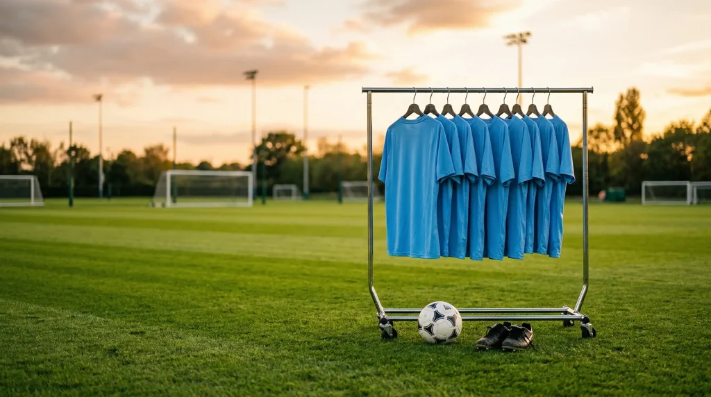 Camiseta de fútbol sky blue sobre césped verde con balón y botas de fútbol, representando la plantilla del Manchester City 2025/26