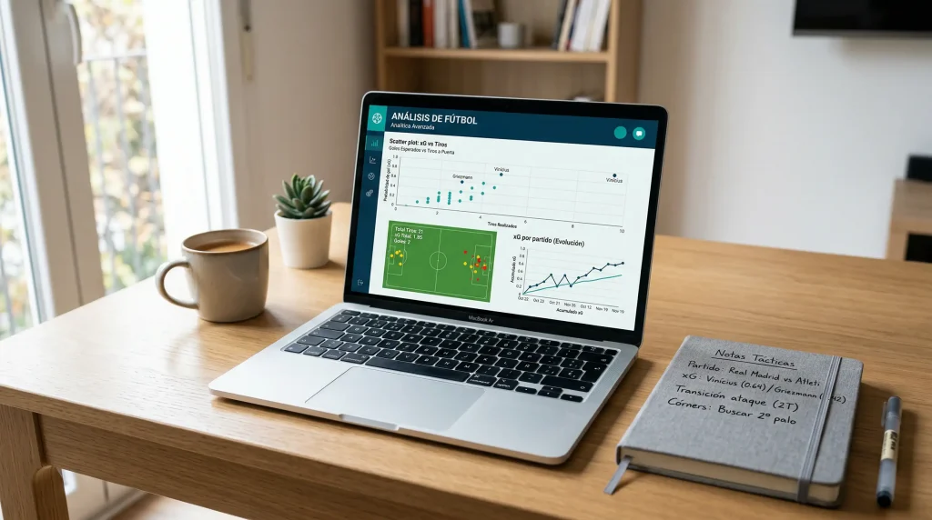 Portátil con gráficos estadísticos de fútbol y datos xG sobre un escritorio junto a un cuaderno de notas