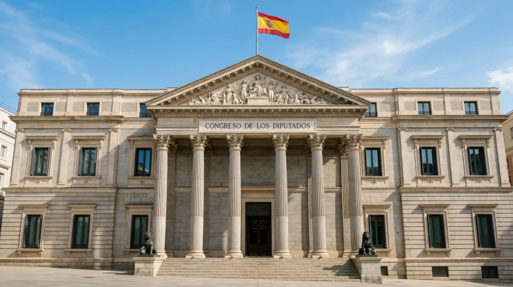 Fachada de edificio institucional español con bandera de España ondeando bajo cielo despejado